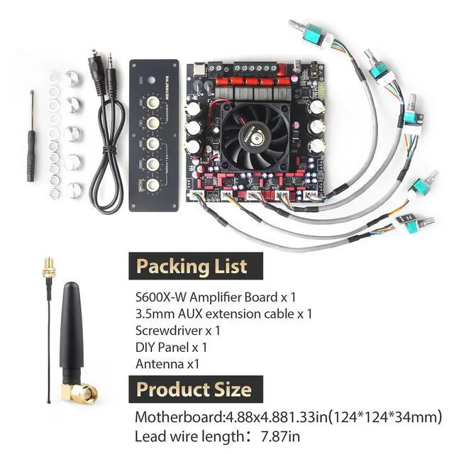 Alt view image 6 of 6 - S600X-W Bluetooth 5.2 2.1 Channel Power Amplifier Board with Extension Knobs, TPA3255 Chip, 300W+300W+600W High Output, DIY Panel Included, for Home Theater & Speaker Projects