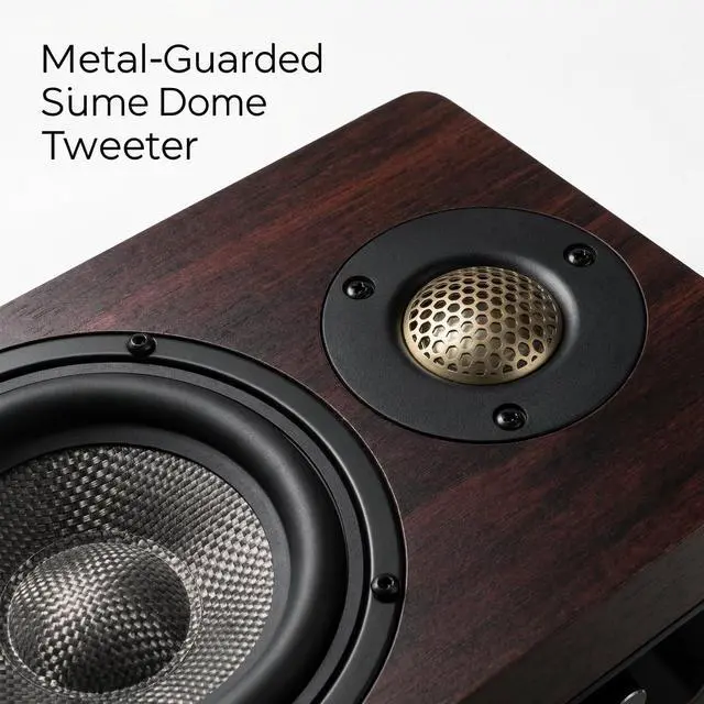 Alt view image 5 of 6 - H3 Powered Bluetooth Bookshelf Speakers, 100W | Carbon Fiber Woofer, Silk-Dome Tweeter, 24-Bit Optical/USB-C DAC/AUX, PC/Computer/Turntable/Record Player/TV Compatible