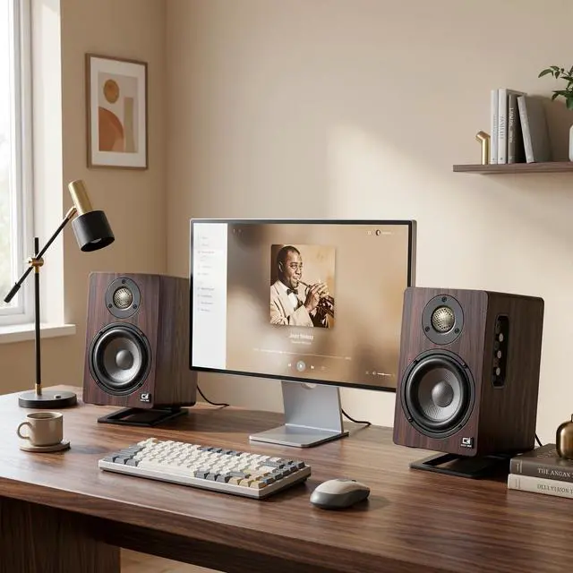 Alt view image 6 of 6 - H3 Powered Bluetooth Bookshelf Speakers, 100W | Carbon Fiber Woofer, Silk-Dome Tweeter, 24-Bit Optical/USB-C DAC/AUX, PC/Computer/Turntable/Record Player/TV Compatible