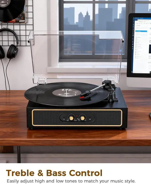 Alt view image 4 of 7 - Retro Bluetooth Record Player with Built-in Speakers, 3-Speed Belt-Drive Turntable, Bass & Treble Control, Compact Vinyl Player with Transparent Dust Cover, RCA Output, AUX-in, Headphone Jack, Black
