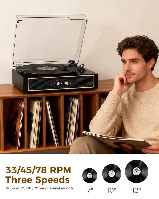 Alt view image 3 of 7 - Retro Bluetooth Record Player with Built-in Speakers, 3-Speed Belt-Drive Turntable, Bass & Treble Control, Compact Vinyl Player with Transparent Dust Cover, RCA Output, AUX-in, Headphone Jack, Black