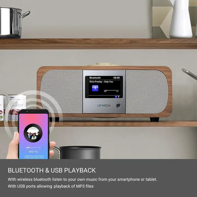 Alt view image 3 of 7 - M3+ Internet Radio, Podcasts,Spotify, Bluetooth, FM Stereo, Walnut | Full colour display, 40 presets, remote control, acoustic wooden cabinet, headphone jack, USB, AUX-in, dual alarms clock