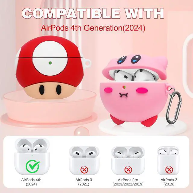 Alt view image 3 of 7 - 2 Pack Cute Case for AirPods 4th Generation Case, Anime Funny Soft Silicone Cover with Cleaning Kit & Keychain, Shockproof Protective Cover for Kids Women, for Apple AirPods 4 2024, Pink & Red