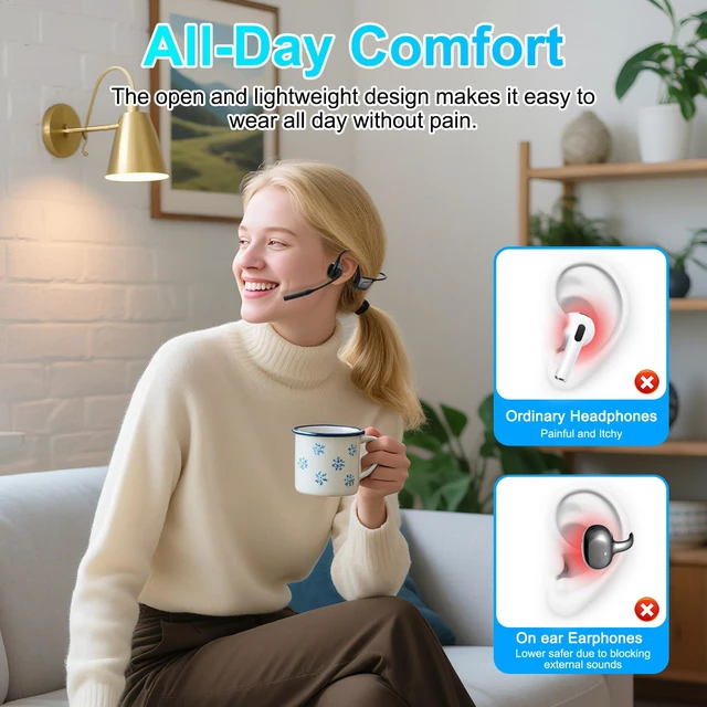 Alt view image 2 of 7 - Open Ear Headphones, Trucker Bluetooth Headset with Upgraded Microphone ENC Noise Cancelling and Mute Button, AptX-LL Wireless Headset for Office Driving Working Home-10 Hrs (Black)