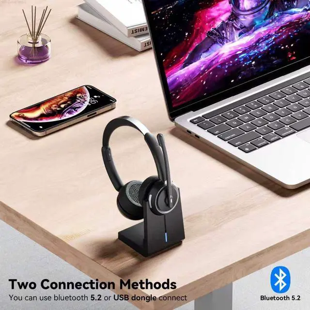 Alt view image 4 of 7 - Wireless Headset with Mic for Work, Bluetooth Headset with Noise Canceling Mic & Charging Base, Wireless Headphones with Mic for Remote Workers/Call Center/PC/Laptop/Computer/Home/Office/Zoom/Teams