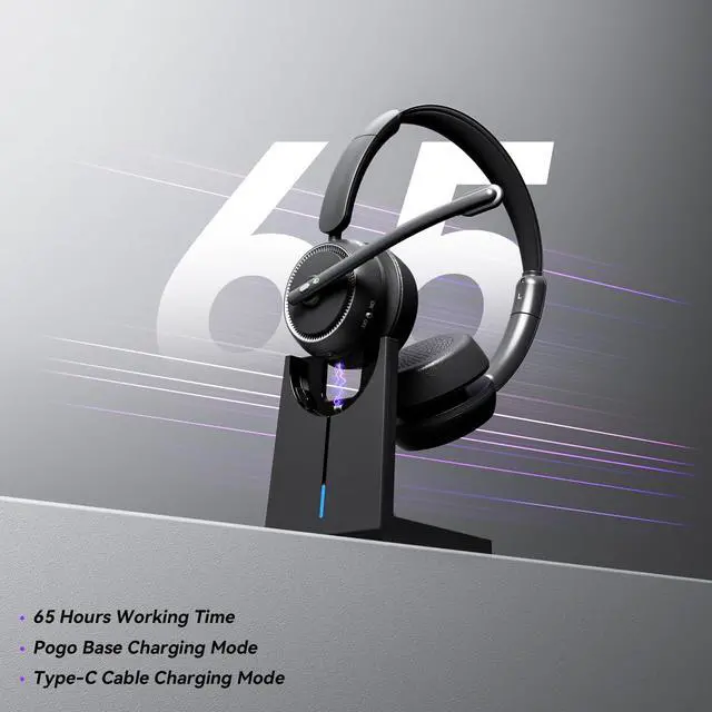 Alt view image 5 of 7 - Wireless Headset with Mic for Work, Bluetooth Headset with Noise Canceling Mic & Charging Base, Wireless Headphones with Mic for Remote Workers/Call Center/PC/Laptop/Computer/Home/Office/Zoom/Teams