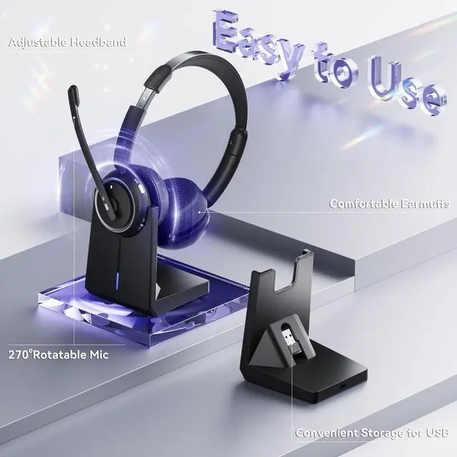 Alt view image 6 of 7 - Wireless Headset with Mic for Work, Bluetooth Headset with Noise Canceling Mic & Charging Base, Wireless Headphones with Mic for Remote Workers/Call Center/PC/Laptop/Computer/Home/Office/Zoom/Teams