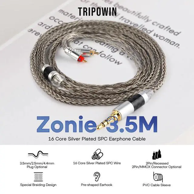 Alt view image 2 of 7 - Tripowin Zonie 16 Core Silver Plated IEM Cable, MMCX, 3.5mm Plug | 1.25m SPC in Ear Monitor Wire, Earphone Upgraded Cords for 7HZ Timeless AE TINHIFI T2 PRO T3 T4, Grey