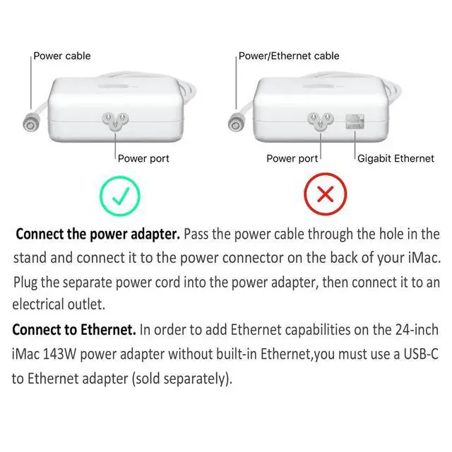 Alt view image 2 of 7 - 143w Power Adapter Without Ethernet A2388 Replacement for iMac (24 inch M1/M3/M4) A2290 A2439 A2438 A2873 A2874 A3137 A3247 US Power Cord Cable 661-18535 661-46778 (Silver)