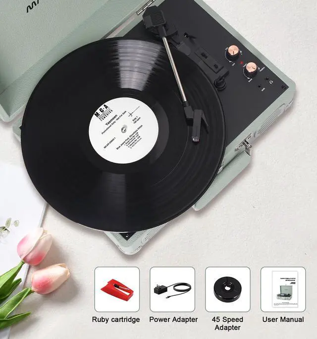 Alt view image 7 of 7 - Vintage Bluetooth Record Player, 3-Speed Belt Drive, Green | Classic vintage style with belt-driven performance, Bluetooth, stereo speakers, AUX-in, RCA output and headphone jack