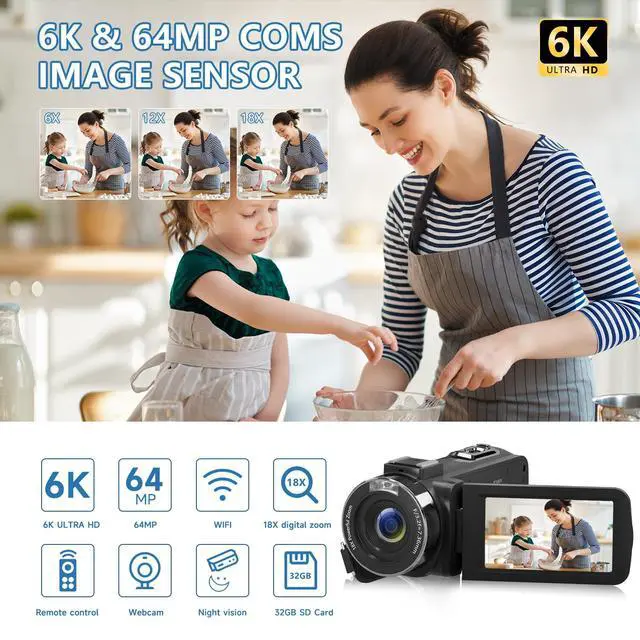 Alt view image 2 of 7 - Video Camera 6K 64MP UHD WiFi Vlogging Cameras for YouTube with 32GB Card | Recording Camera 18X Digital Zoom IR Night Vision 3.0'' Touch Screen Camcorder with Microphone, Remote, Two Batteries