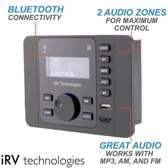 Alt view image 3 of 7 - Car Stereo with Bluetooth,IRV Technology iRV36 Wireless RV Radio,Supports HDMI in&Out,APP,Digital Stereo Sound,A&FM,Clock,NFC,USB 5V Charging,2 Zones Wall Mount Car Audio Receiver