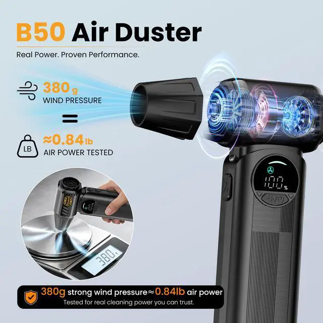 Alt view image 2 of 7 - B50 Compressed Air Duster & Vacuum Cleaner, 150,000RPM Turbo Fan with Smart Display & Variable Speed Control, Mini Cordless Electric Air Duster Rechargeable Blower for PC Computer Car Home - Black