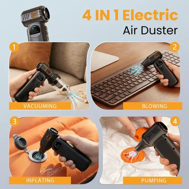 Alt view image 4 of 7 - B50 Compressed Air Duster & Vacuum Cleaner, 150,000RPM Turbo Fan with Smart Display & Variable Speed Control, Mini Cordless Electric Air Duster Rechargeable Blower for PC Computer Car Home - Black