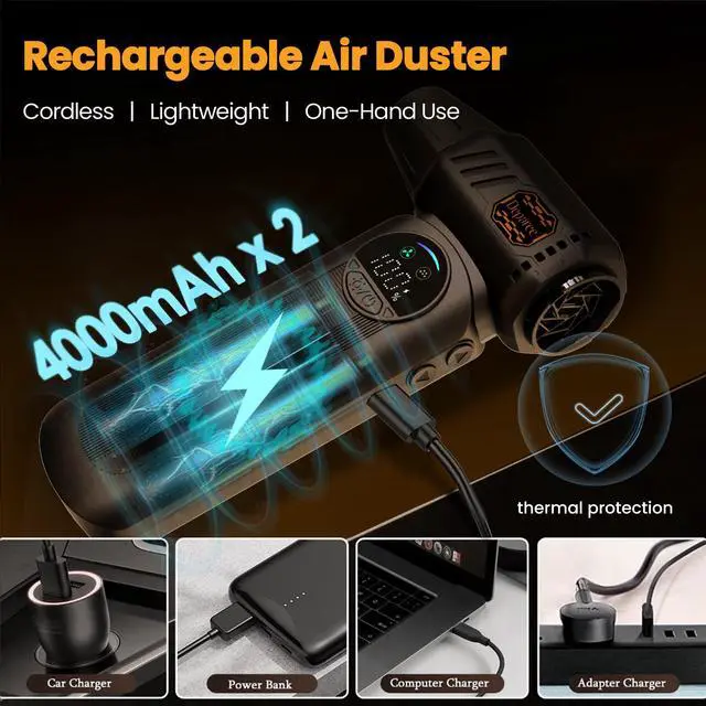 Alt view image 7 of 7 - B50 Compressed Air Duster & Vacuum Cleaner, 150,000RPM Turbo Fan with Smart Display & Variable Speed Control, Mini Cordless Electric Air Duster Rechargeable Blower for PC Computer Car Home - Black