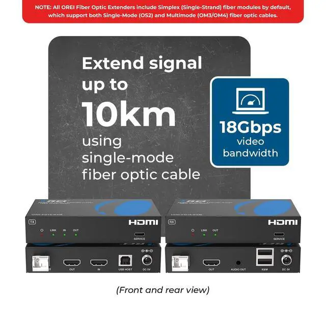Alt view image 2 of 7 - KVM HDMI Extender Over Fiber Optic 10 KM 4K@60Hz Loop Out Dolby Vision | Fiber Optic HDMI Extender 18Gbps, HDCP 2.2, HDR10+, USB 1.1 KVM, Audio De-Embedding, EDID Management