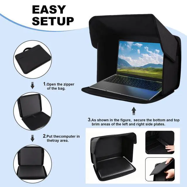 Alt view image 6 of 7 - 4-in-1 Laptop Sun Shade Hood,Screen Privacy Cover Sun, Anti-Glare, Heat & Contrast Protection,Fits 13-17" Laptops, Freestanding with Pocket,Fits Working Outside,Travel, Beach