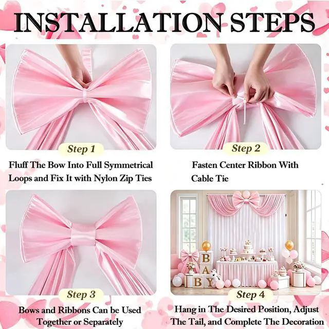 Alt view image 3 of 7 - Large Pink Bow Birthday Decorations, 32'' x 71'' Big Bow Themed Backdrop Room Wall Decor Wedding Engagement Bachelorette Baby Shower Bridal Christmas Tree Decoration (Large)