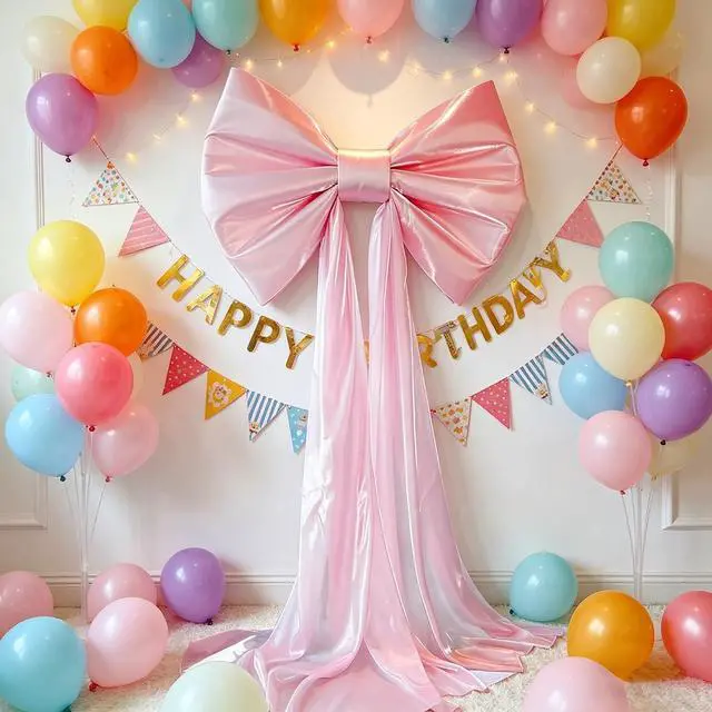 Alt view image 5 of 7 - Large Pink Bow Birthday Decorations, 32'' x 71'' Big Bow Themed Backdrop Room Wall Decor Wedding Engagement Bachelorette Baby Shower Bridal Christmas Tree Decoration (Large)