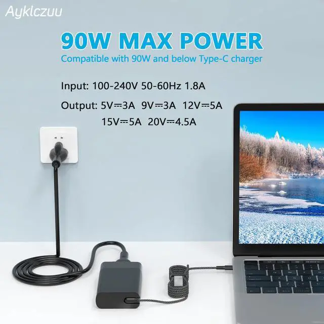 Alt view image 4 of 7 - New Slim 90W USB C Laptop Charger for HP Spectre x360,EliteBook 1040 G4,HP 904082-003 ADP-90FE TPN-DA08 2LN85AA 2LN85AA#ABA 904144-850 L45440-003 Fast Charging Type C Travel Laptop Power Adapter