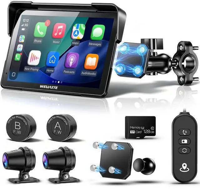 Main image of 7" Motorcycle CarPlay GPS (Includes 128G SD) with Dual Dash Cam, HD Touch Screen, Wireless Android Auto, Waterproof, TPMS, Navigation, Bluetooth, Music Sharing, Quick-Release, Remote Control