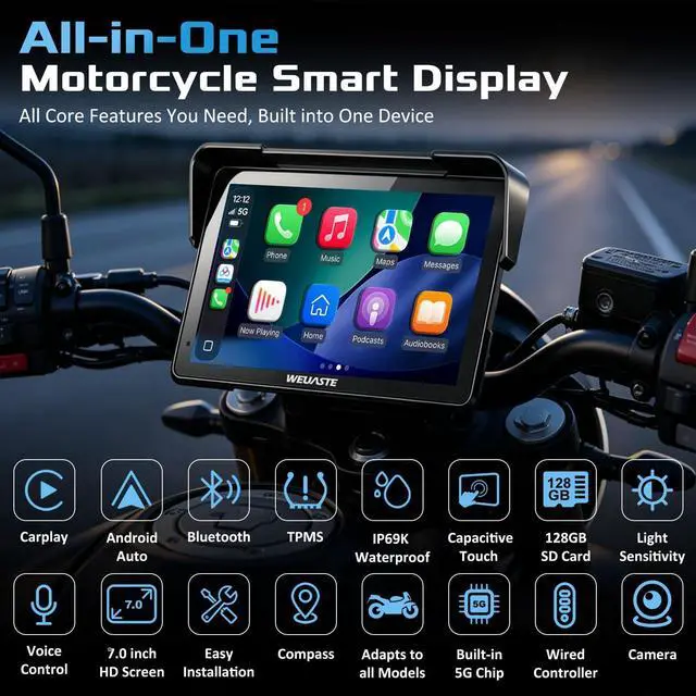 Alt view image 2 of 7 - 7" Motorcycle CarPlay GPS (Includes 128G SD) with Dual Dash Cam, HD Touch Screen, Wireless Android Auto, Waterproof, TPMS, Navigation, Bluetooth, Music Sharing, Quick-Release, Remote Control