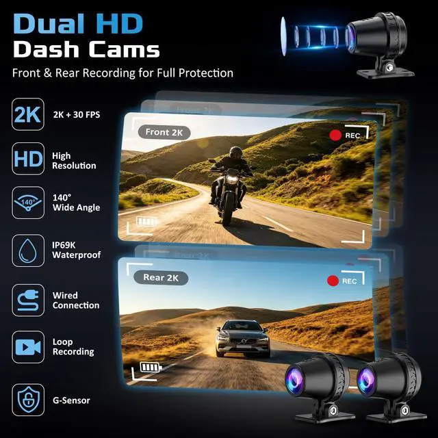 Alt view image 6 of 7 - 7" Motorcycle CarPlay GPS (Includes 128G SD) with Dual Dash Cam, HD Touch Screen, Wireless Android Auto, Waterproof, TPMS, Navigation, Bluetooth, Music Sharing, Quick-Release, Remote Control