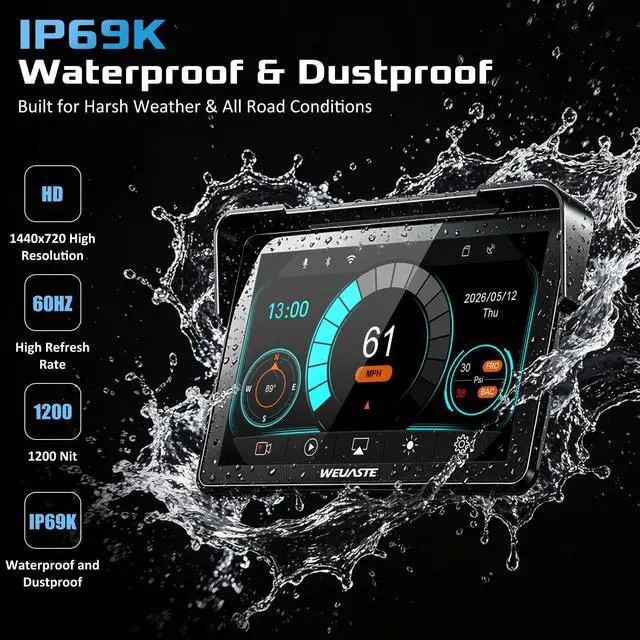 Alt view image 5 of 7 - 7" Motorcycle CarPlay GPS (Includes 128G SD) with Dual Dash Cam, HD Touch Screen, Wireless Android Auto, Waterproof, TPMS, Navigation, Bluetooth, Music Sharing, Quick-Release, Remote Control