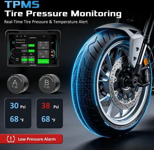 Alt view image 7 of 7 - 7" Motorcycle CarPlay GPS (Includes 128G SD) with Dual Dash Cam, HD Touch Screen, Wireless Android Auto, Waterproof, TPMS, Navigation, Bluetooth, Music Sharing, Quick-Release, Remote Control