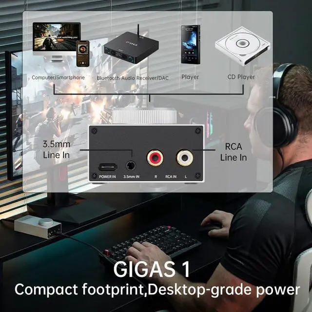 Alt view image 2 of 7 - JadeAudio GIGAS 1 Desktop Headphone Amplifier, 4600mW High-Power Balanced Output, Class AB Discrete Circuit, 4.4mm & 3.5mm Amp for Planar & High-Impedance Headphones (Black)