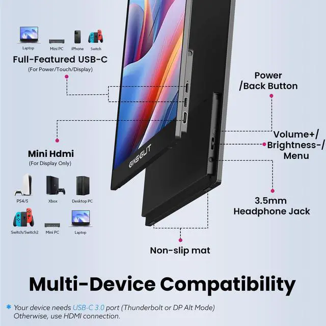 Alt view image 7 of 7 - Portable Monitor Touchscreen 15.6'' FHD 1080P USB-C HDMI Ultra-Slim Gaming Display, Built-in Stand Speakers HDR IPS,for Laptop PC Mac Phone PS4/5 Travel Monitors (1080p Touchscreen, 15.6")