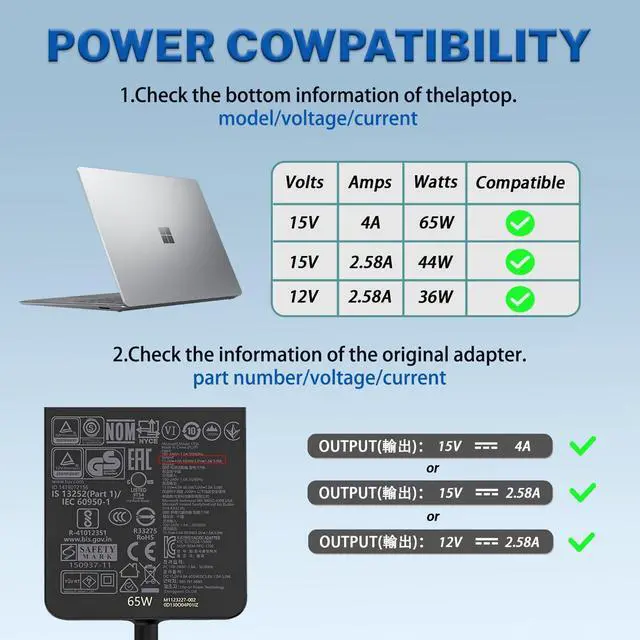 Alt view image 3 of 7 - Original 65W 44W 1796 1706 1800 1625 Laptop Charger Compatible with Microsoft Surface Pro 10 9 8 7+ 7 6 Windows 5 4 3 2 Fit Model 1876 1943 1950 1958 1866 1724 1963 1769 1735 Tablet Power Supply