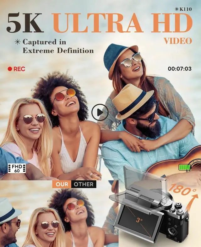 Alt view image 2 of 7 - True 5K 64MP Digital Camera for Photography, Autofocus 18X Zoom, 3'' 180° Flip Screen, Comes with 64GB TF Card & 2 Batteries, Compact Travel Vlogging Camera for YouTube Beginners (Silve)