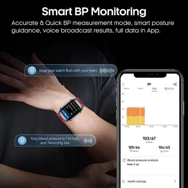 Alt view image 3 of 7 - Blood Pressure Smart Watch,2.06" AMOLED HD Large Screen,Voice Broadcast,Air Pump Air Bag,Bluetooth Call,24/7 Heart Rate Blood Oxygen Sleep Monitoring,Activiy Tracker,SOS