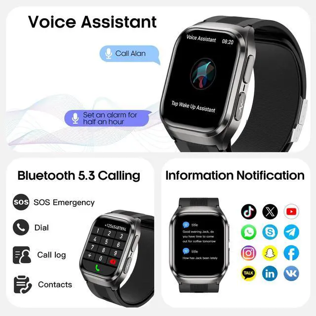 Alt view image 5 of 7 - Blood Pressure Smart Watch,2.06" AMOLED HD Large Screen,Voice Broadcast,Air Pump Air Bag,Bluetooth Call,24/7 Heart Rate Blood Oxygen Sleep Monitoring,Activiy Tracker,SOS