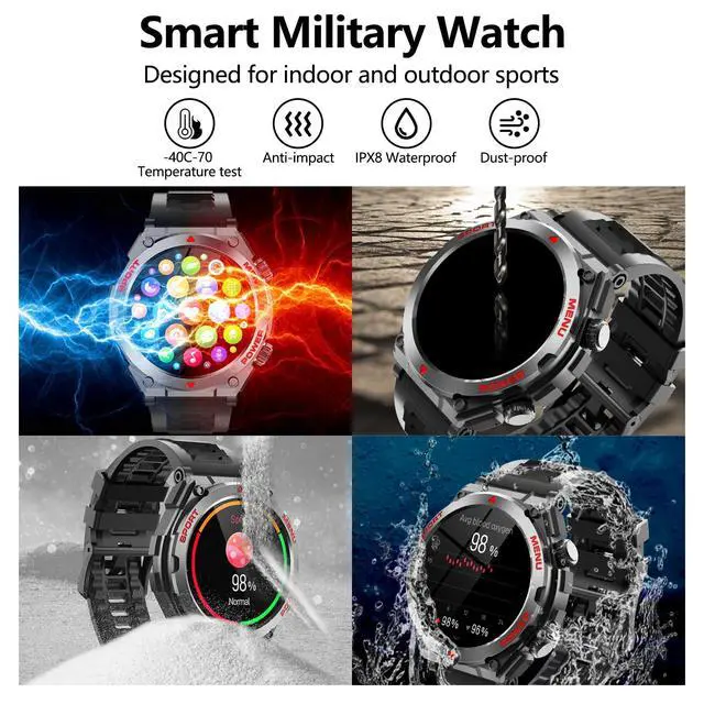 Alt view image 2 of 6 - Military Smart Watch,1.52-Inch Smartwatch with Text and Call,24/7Heart Rate Sleep Monitor,Blood Oxygen,and Activity Trackers-Compatible with iPhone and Android,for Men and Women (Black up, 1.52)
