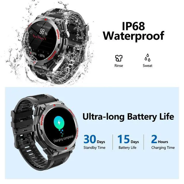 Alt view image 4 of 6 - Military Smart Watch,1.52-Inch Smartwatch with Text and Call,24/7Heart Rate Sleep Monitor,Blood Oxygen,and Activity Trackers-Compatible with iPhone and Android,for Men and Women (Black up, 1.52)