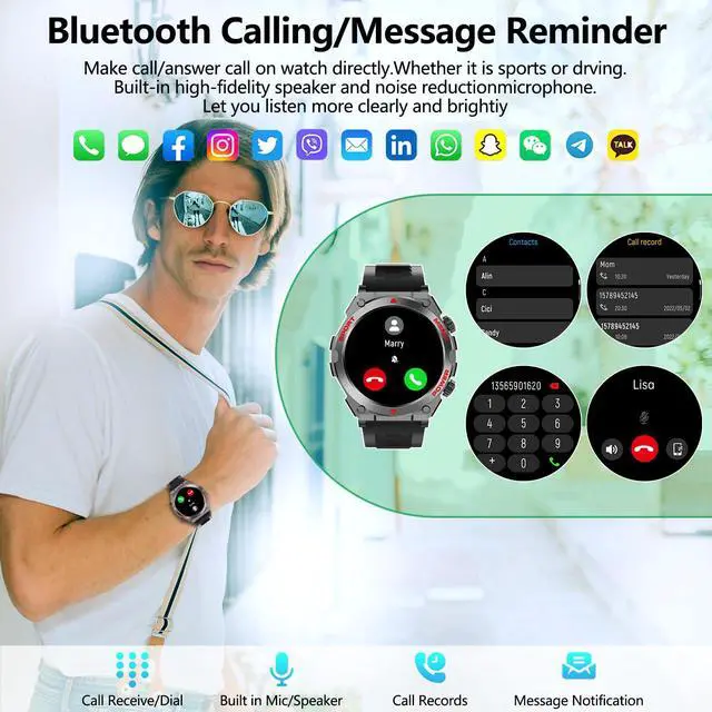 Alt view image 6 of 6 - Military Smart Watch,1.52-Inch Smartwatch with Text and Call,24/7Heart Rate Sleep Monitor,Blood Oxygen,and Activity Trackers-Compatible with iPhone and Android,for Men and Women (Black up, 1.52)