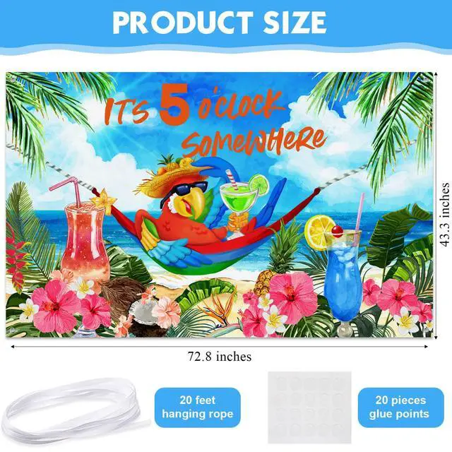 Alt view image 2 of 6 - It's 5 O' Clock Somewhere Summer Backdrop Tropical Parrot Banner Beach Hawaii Decoration Polyester Background Nautical Cocktails Drinks Bar Party Supplies Holiday Photo Booth Prop(Tropical)