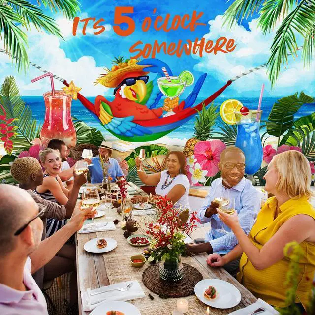 Alt view image 4 of 6 - It's 5 O' Clock Somewhere Summer Backdrop Tropical Parrot Banner Beach Hawaii Decoration Polyester Background Nautical Cocktails Drinks Bar Party Supplies Holiday Photo Booth Prop(Tropical)