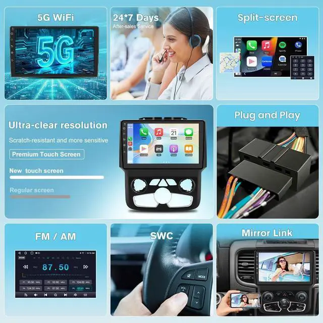 Alt view image 5 of 7 - Car Radio for Dodge Ram 1500 2500 2013-2019 CarPlay/Android Auto | 5G WiFi GPS DSP RDS,9" HD IPS Display Support Cargo Rearview BT 5.0 AM/FM Auto AC 2GB+32GB