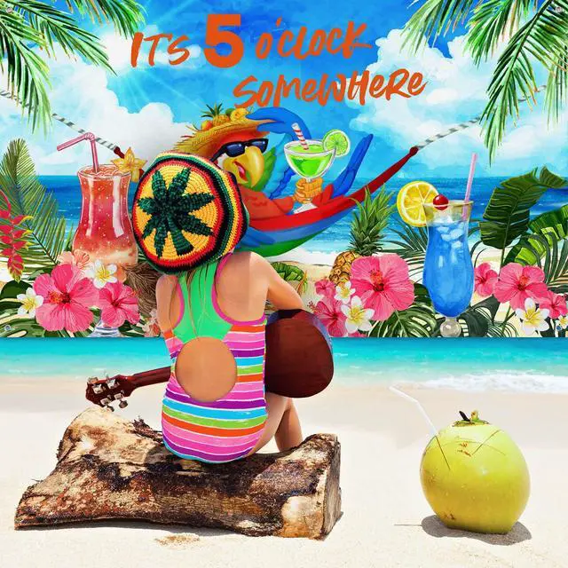 Alt view image 5 of 6 - It's 5 O' Clock Somewhere Summer Backdrop Tropical Parrot Banner Beach Hawaii Decoration Polyester Background Nautical Cocktails Drinks Bar Party Supplies Holiday Photo Booth Prop(Tropical)