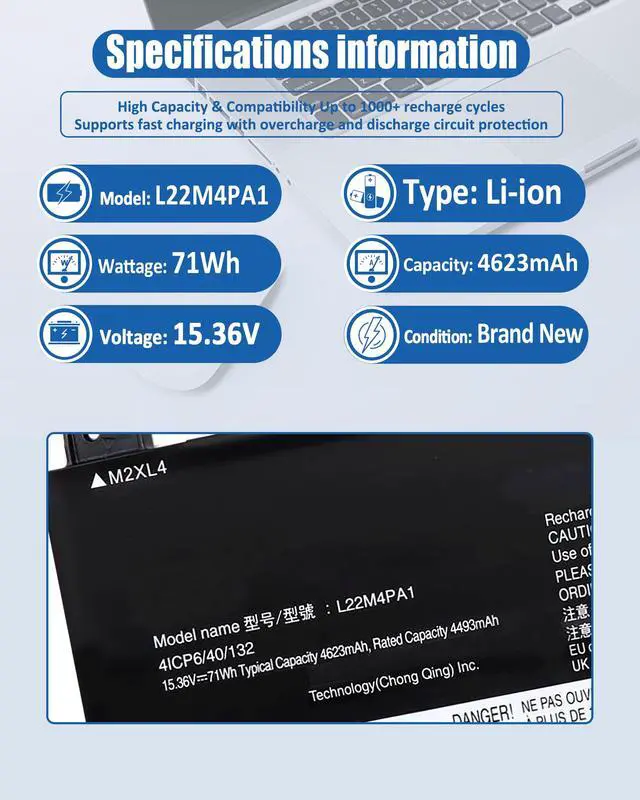 Alt view image 5 of 7 - L22M4PA1 L22C4PA1 L22D4PA1 71Wh Battery Replacement for Lenovo Yoga 7 14ARP8 14IRL8 16IRL8 16ARP8 Yoga 7 2-in-1 14IML9 14AHP9 16IML9 16AHP9 Series 4623mAh 15.36V 4-Cell