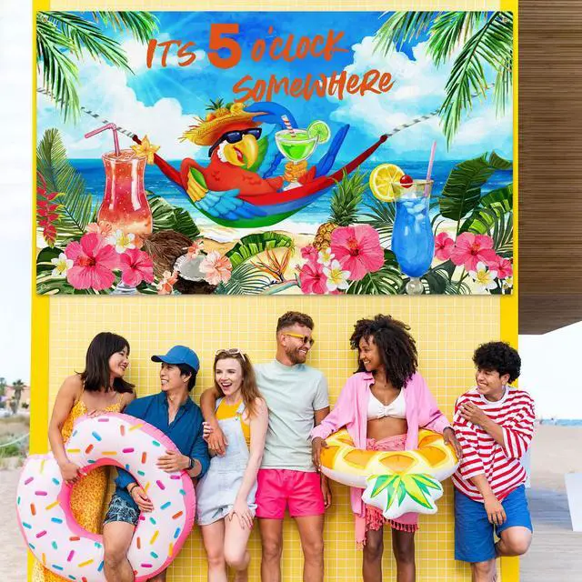Alt view image 6 of 6 - It's 5 O' Clock Somewhere Summer Backdrop Tropical Parrot Banner Beach Hawaii Decoration Polyester Background Nautical Cocktails Drinks Bar Party Supplies Holiday Photo Booth Prop(Tropical)