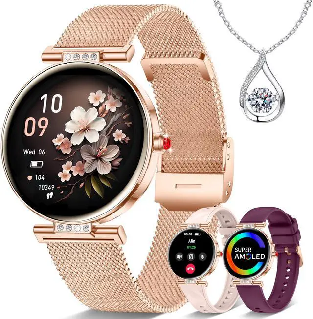 Main image of Smart Watch for Women 1.19 Small Screen AMOLED 2000 Nit-3 Band Rose Gold | Compatible iPhone & Android with Bluetooth Call/Heart Rate/SpO2/Sleep Monitor, 120+ Sports Modes Waterproof Fitness Tracker