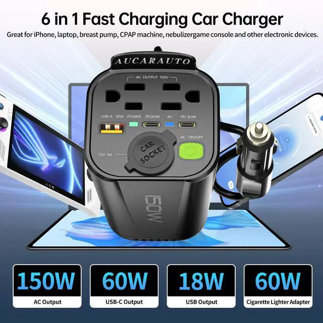 Alt view image 2 of 7 - 150W Power Inverter 6 in 1 DC 12V to 110V AC Inverter with 60W Dual USB-C and 18W USB-Fast Charger & 2 AC Outlets, Car Plu Adapter Outlet for Laptop/Phone/GPS | Cup Holder Design for Travel