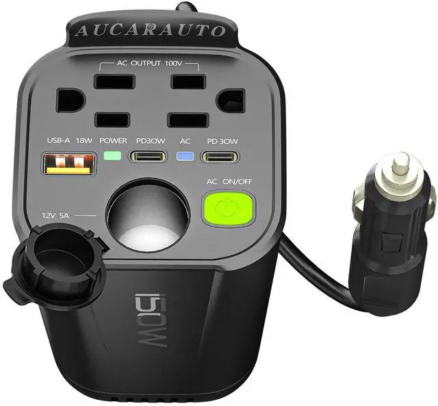 Main image of 150W Power Inverter 6 in 1 DC 12V to 110V AC Inverter with 60W Dual USB-C and 18W USB-Fast Charger & 2 AC Outlets, Car Plu Adapter Outlet for Laptop/Phone/GPS | Cup Holder Design for Travel