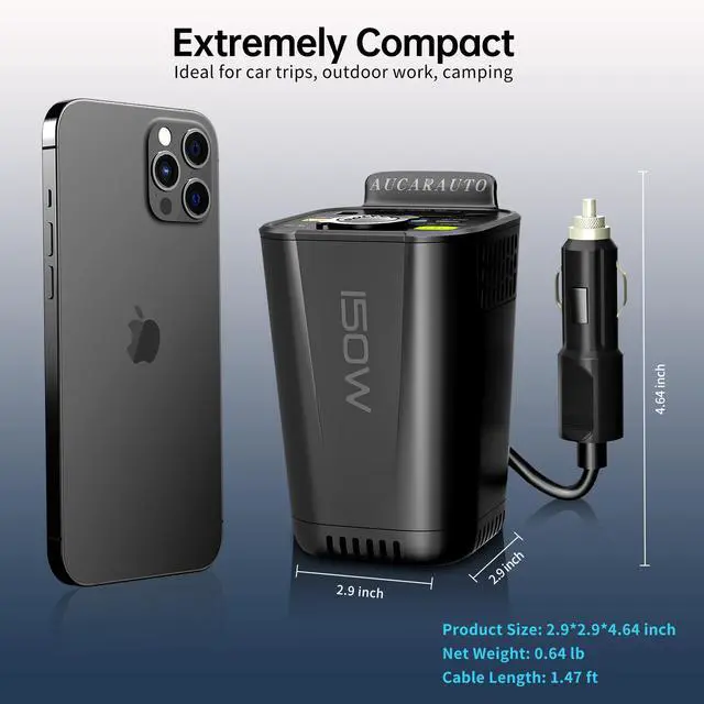 Alt view image 5 of 7 - 150W Power Inverter 6 in 1 DC 12V to 110V AC Inverter with 60W Dual USB-C and 18W USB-Fast Charger & 2 AC Outlets, Car Plu Adapter Outlet for Laptop/Phone/GPS | Cup Holder Design for Travel