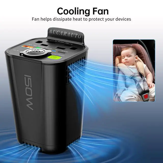 Alt view image 7 of 7 - 150W Power Inverter 6 in 1 DC 12V to 110V AC Inverter with 60W Dual USB-C and 18W USB-Fast Charger & 2 AC Outlets, Car Plu Adapter Outlet for Laptop/Phone/GPS | Cup Holder Design for Travel
