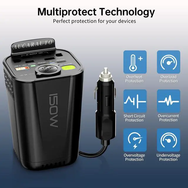 Alt view image 6 of 7 - 150W Power Inverter 6 in 1 DC 12V to 110V AC Inverter with 60W Dual USB-C and 18W USB-Fast Charger & 2 AC Outlets, Car Plu Adapter Outlet for Laptop/Phone/GPS | Cup Holder Design for Travel